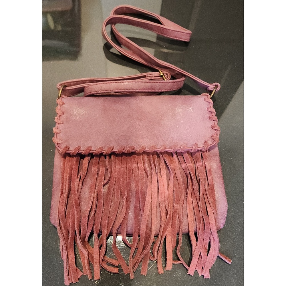 Topten Accessories Purple Faux Leather Fringe Crossbody Bag Boho Festival